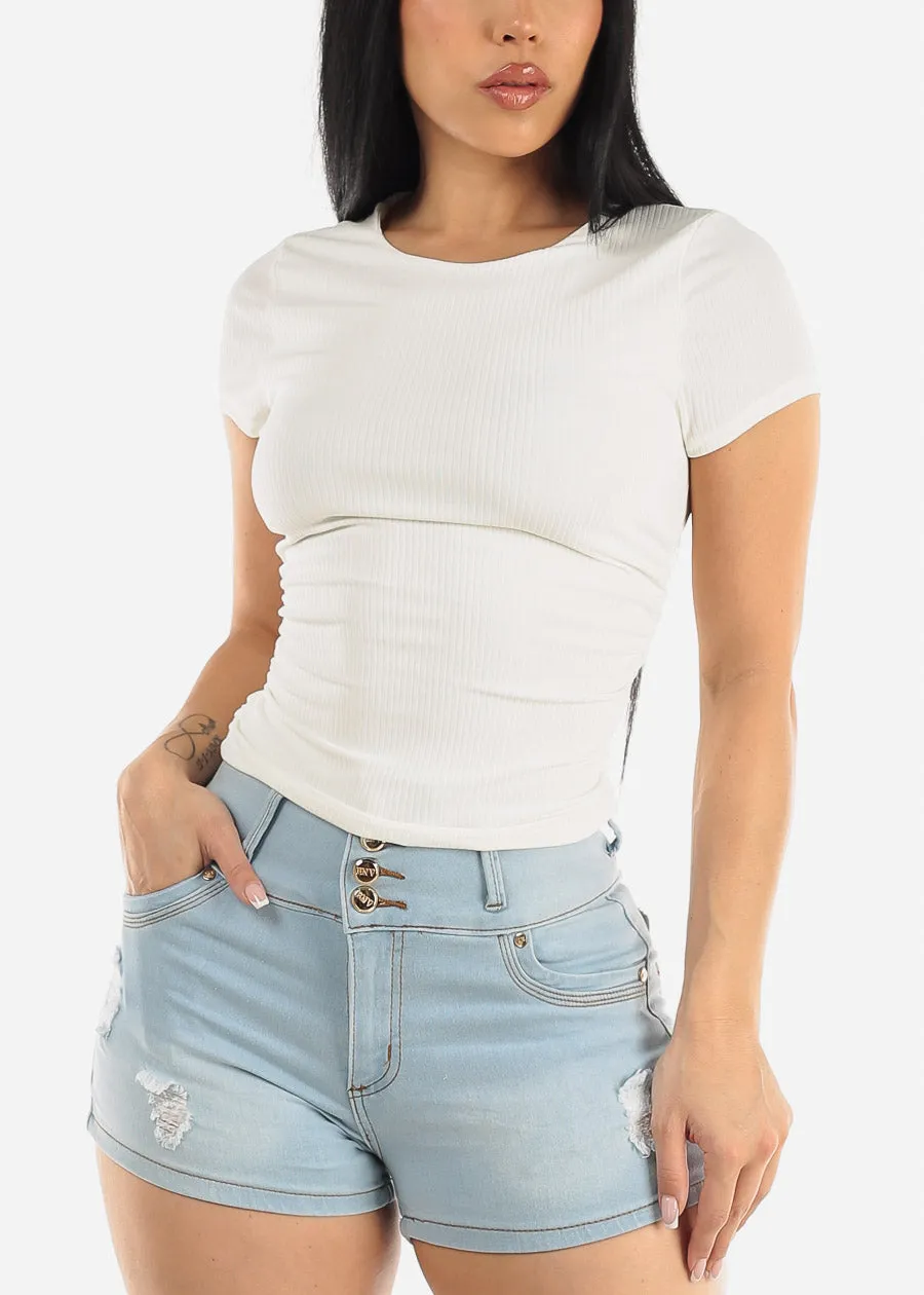 White Short Sleeve Crewneck Ruched Top sold by Moda