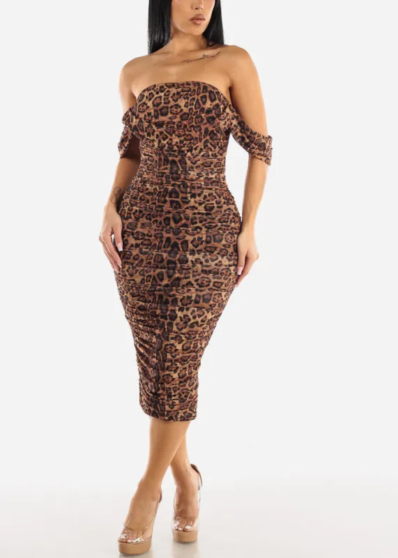 Sexy Off Shoulder Ruched Animal Print Midi Dress sold by Moda