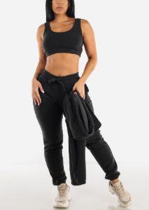 Fleece Hoodie, Sports Bra & Joggers Charcoal (3 PCE SET) sold by Moda