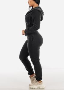 Fleece Hoodie, Sports Bra & Joggers Charcoal (3 PCE SET) sold by Moda