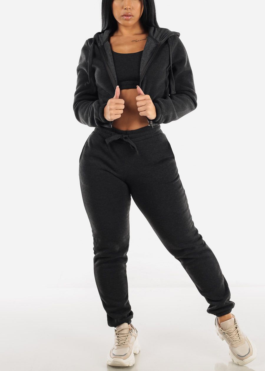 Fleece Hoodie, Sports Bra & Joggers Charcoal (3 PCE SET) sold by Moda