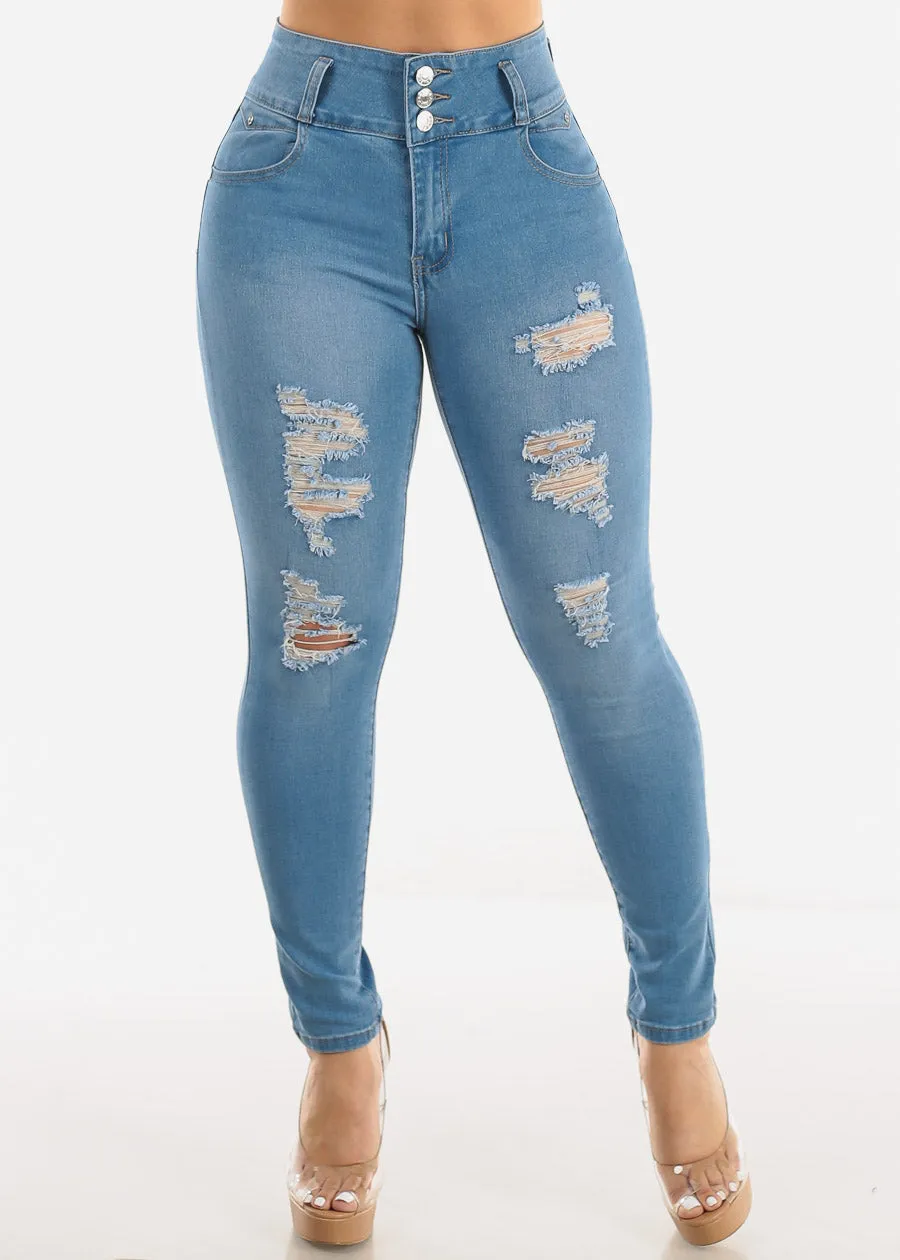 High Waist Distressed Levantacola Skinny Jeans Light Blue sold by Moda product image thumbnail 3