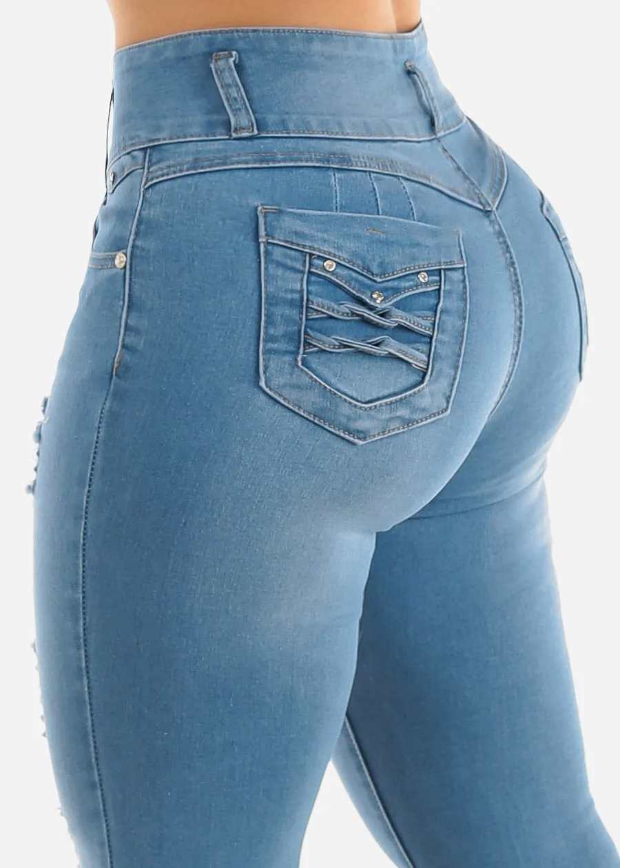 High Waist Distressed Levantacola Skinny Jeans Light Blue sold by Moda
