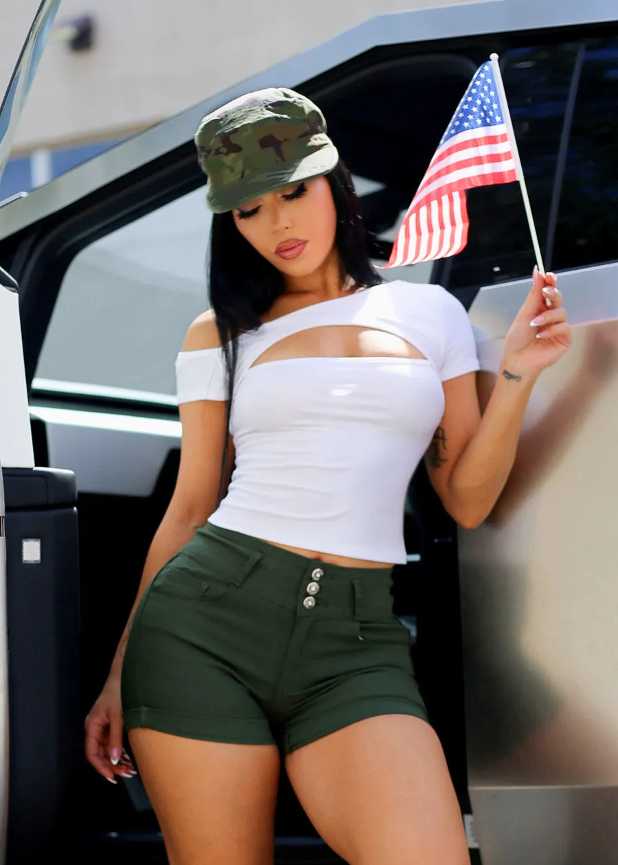 Asymmetrical Neckline Short Sleeve White Crop Top sold by Moda