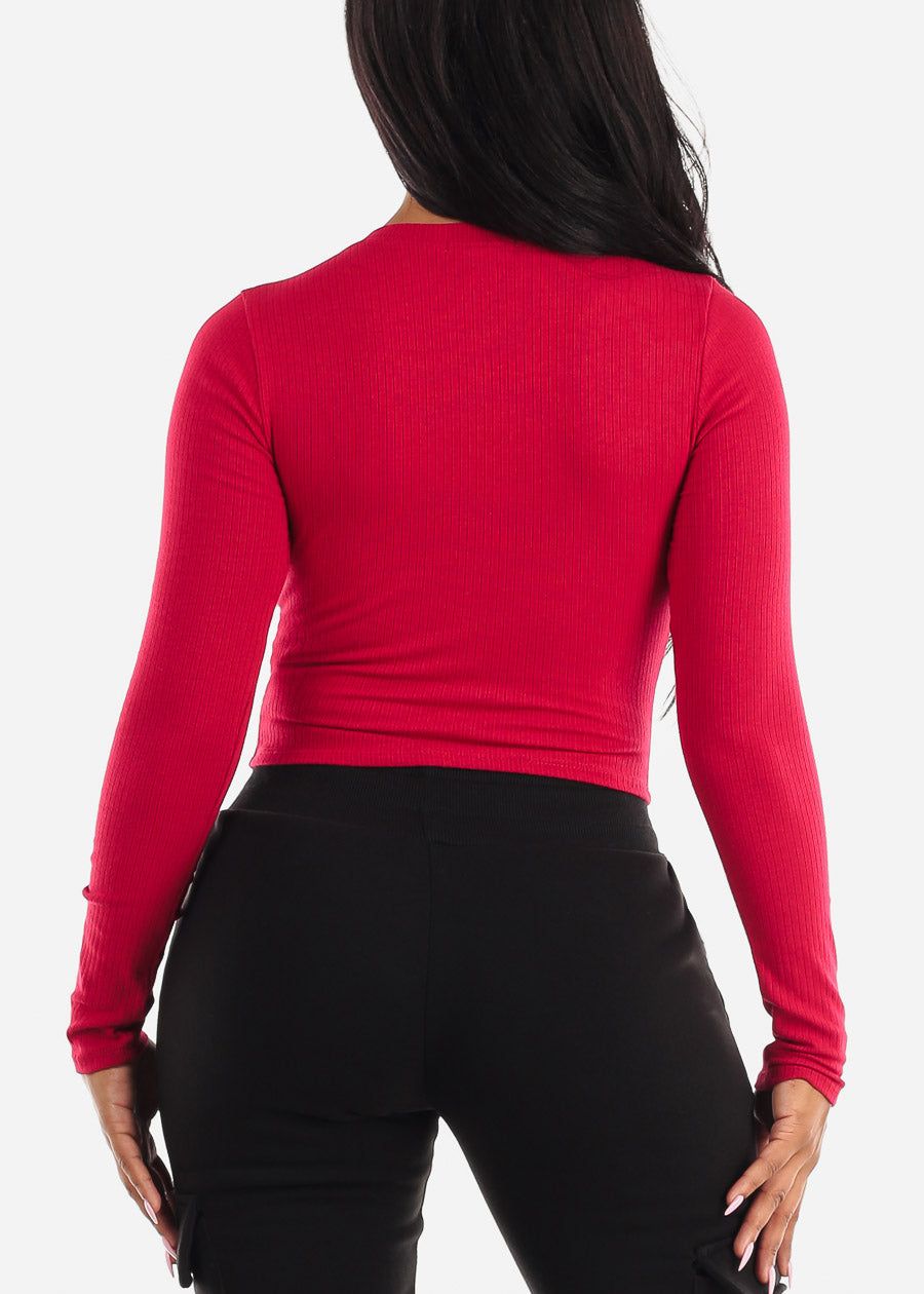 Vneck Long Sleeve Ribbed Crop Top Red sold by Moda product image thumbnail 4