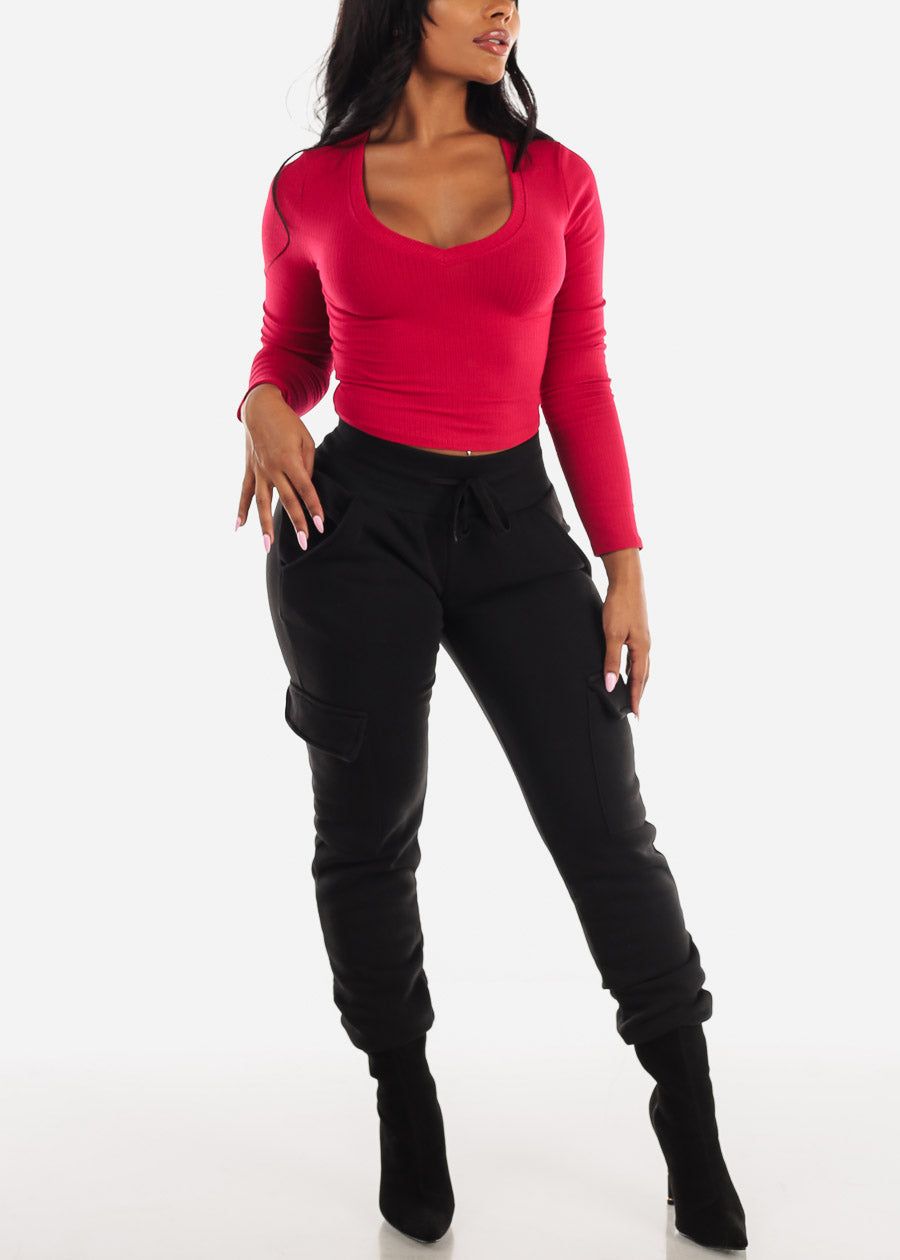 Vneck Long Sleeve Ribbed Crop Top Red sold by Moda product image thumbnail 2