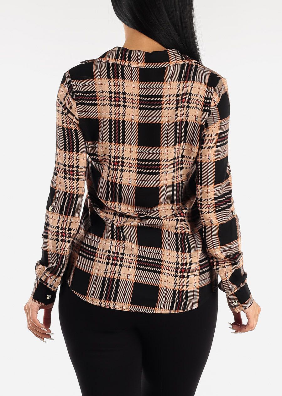 Long Sleeve Button Up Plaid Shirt Black & Beige sold by Moda product image thumbnail 4