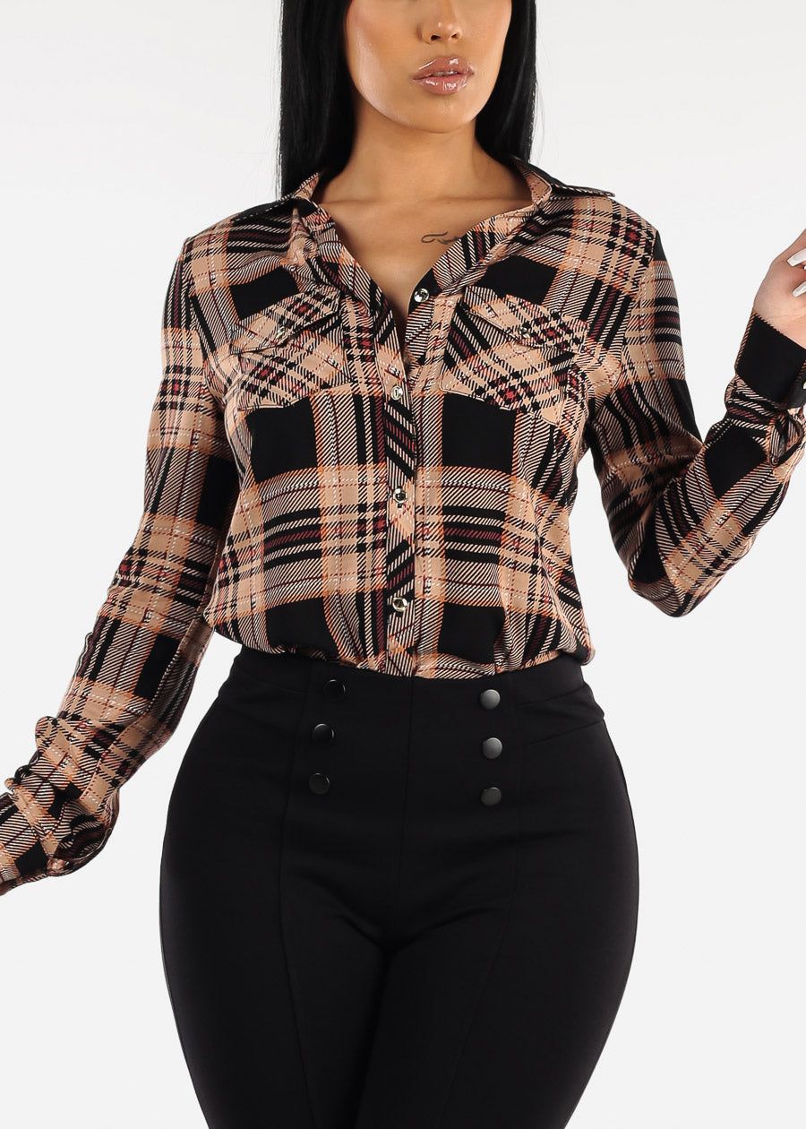 Long Sleeve Button Up Plaid Shirt Black & Beige sold by Moda
