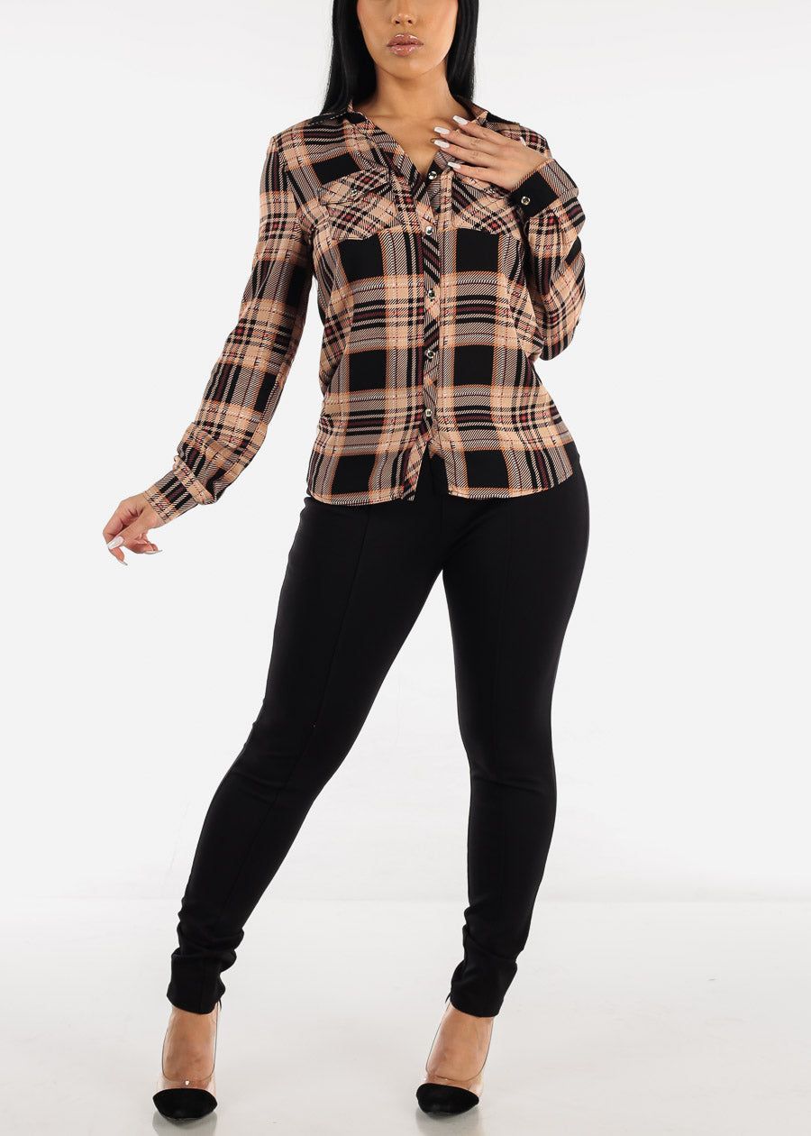 Long Sleeve Button Up Plaid Shirt Black & Beige sold by Moda product image thumbnail 2