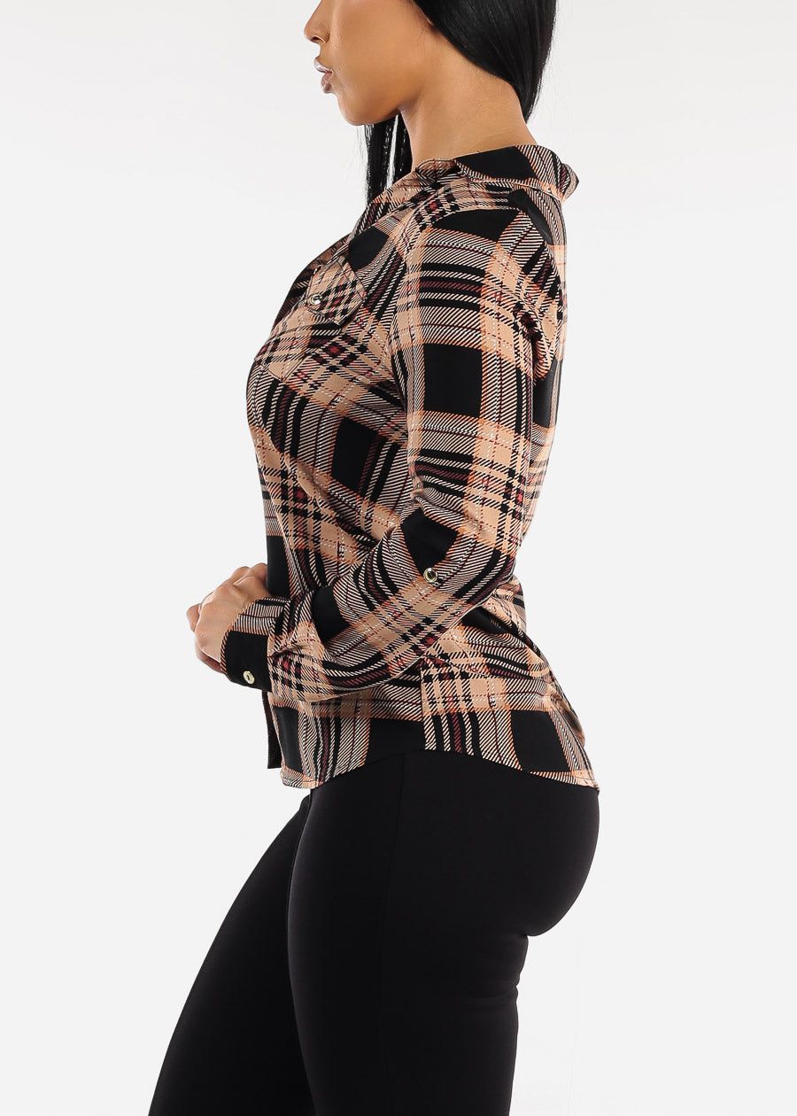 Long Sleeve Button Up Plaid Shirt Black & Beige sold by Moda product image thumbnail 3