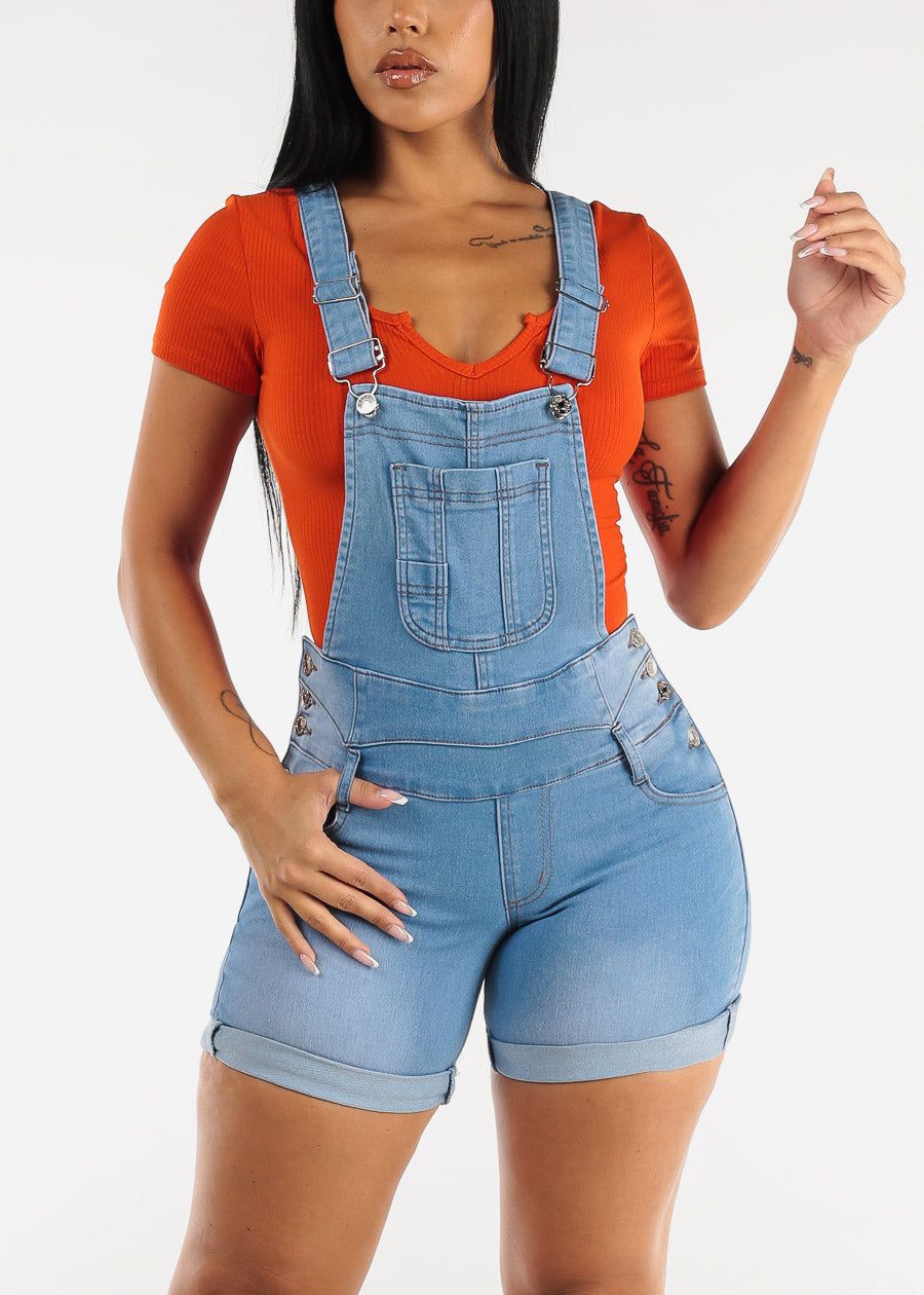 Butt Lifting Light Blue Denim Short Overalls sold by Moda