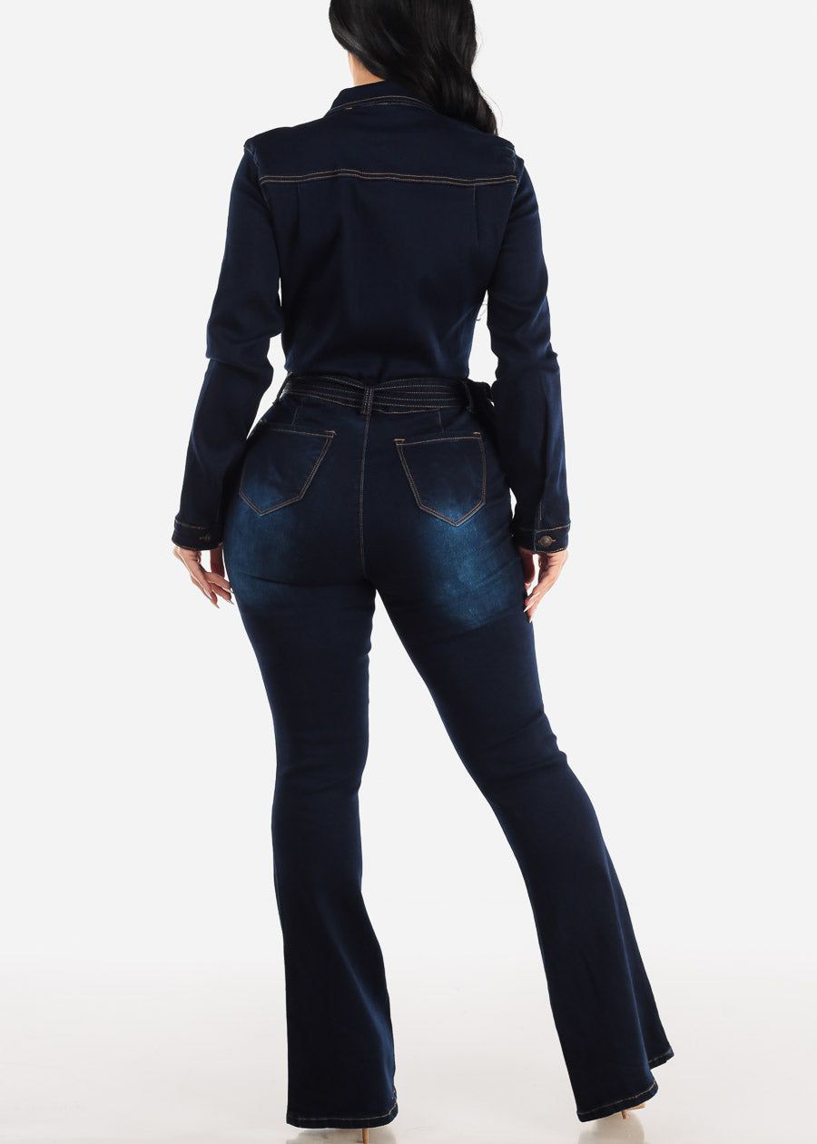 Long Sleeve Button Up Flared Denim Jumpsuit Dark Wash sold by Moda product image thumbnail 4