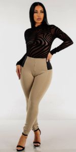 Spandex Waist Khaki Skinny Pants with See Through Black Velvet Bodysuit sold by Moda