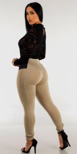 Spandex Waist Khaki Skinny Pants with See Through Black Velvet Bodysuit sold by Moda