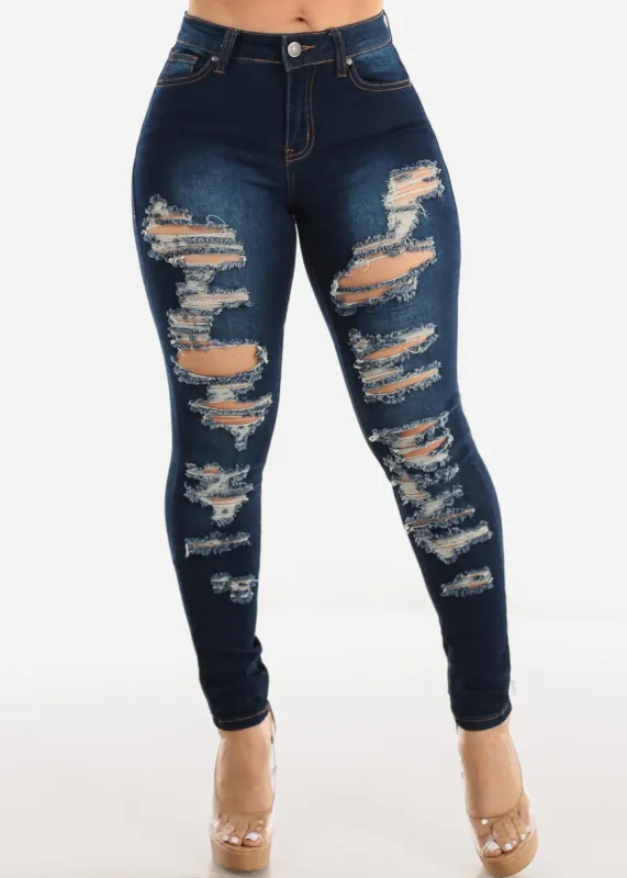 Distressed Mid Rise Stretchy Dark Skinny Jeans sold by Moda
