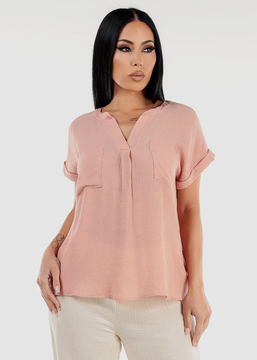 Gauze Cap Sleeve Shirt Rose w Back Buttons sold by Moda