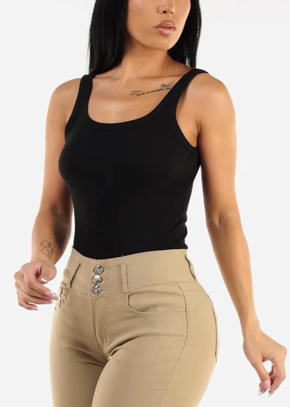 Sleeveless Scoop Neck Black Ribbed Tank Top sold by Moda
