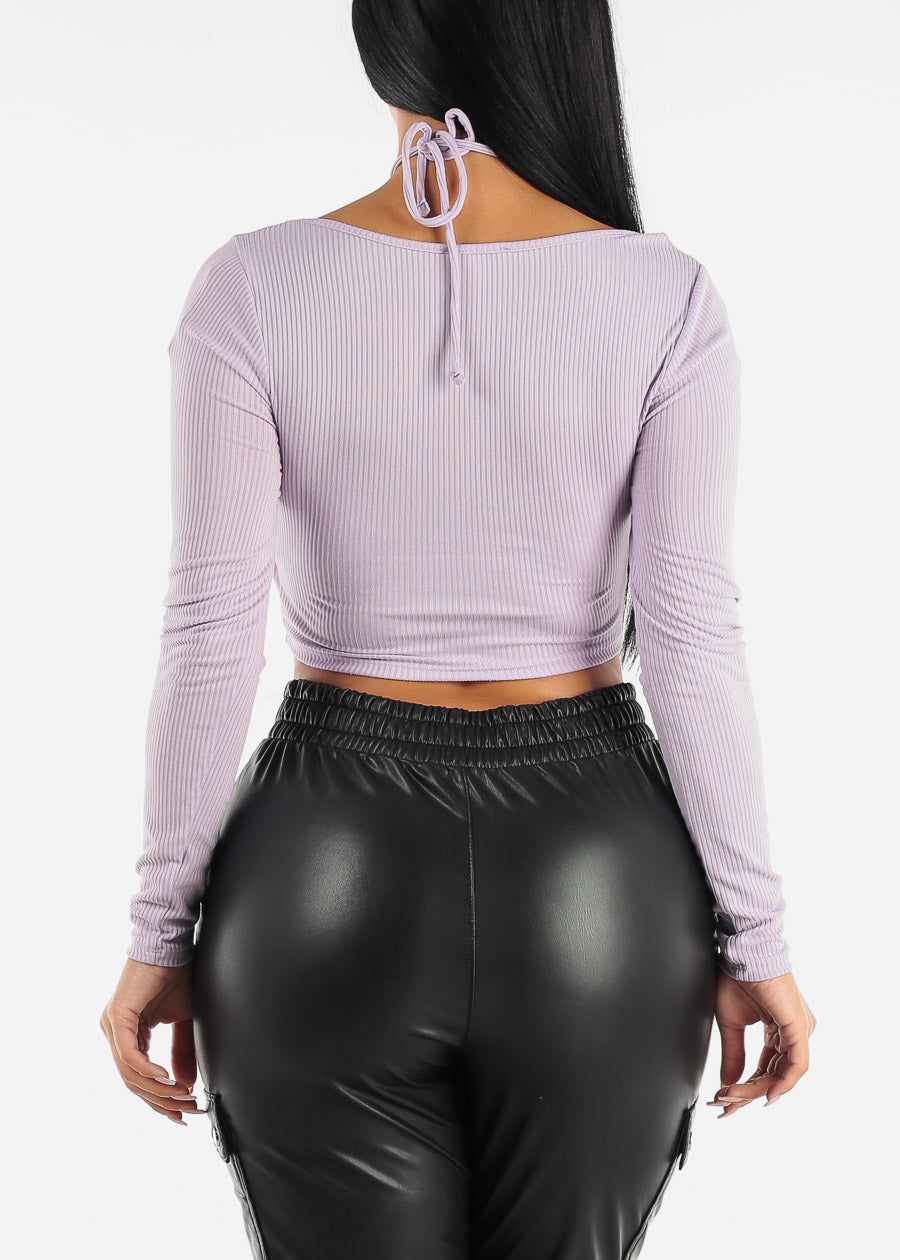 Long Sleeve Tie Back Cut Out Crop Top Lavender sold by Moda product image thumbnail 5