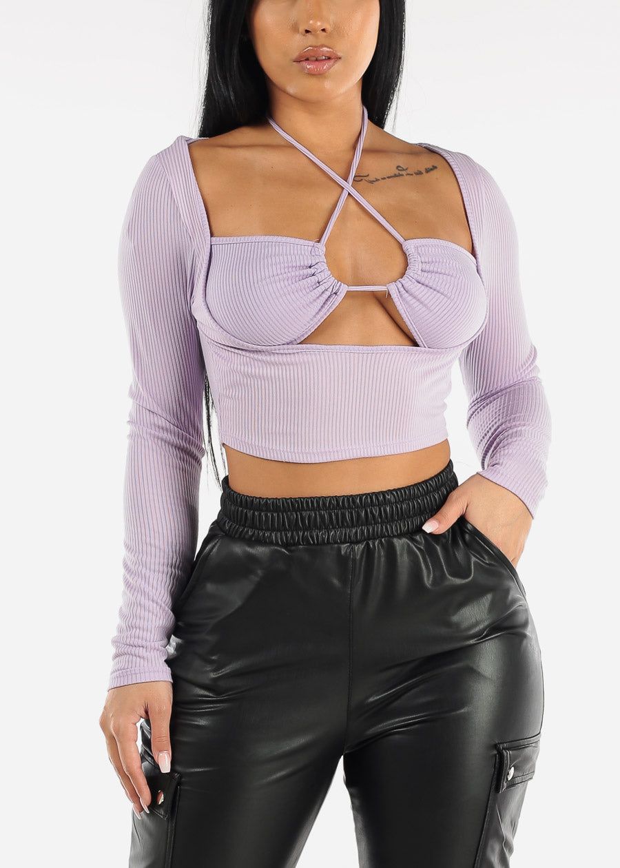 Long Sleeve Tie Back Cut Out Crop Top Lavender sold by Moda product image thumbnail 3