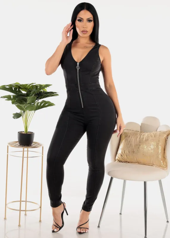 Sleeveless Zip Up Black Denim Jumpsuit sold by Moda