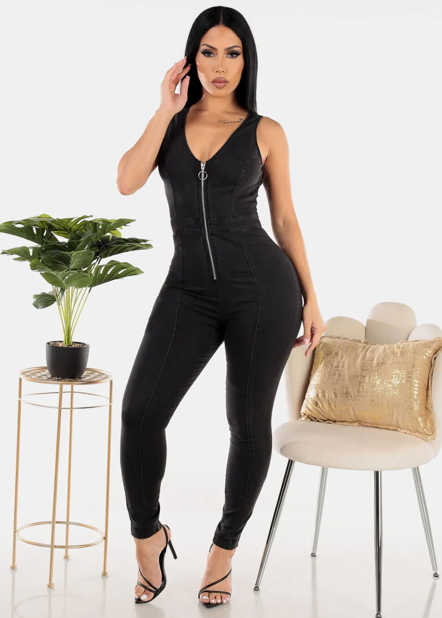 Sleeveless Zip Up Black Denim Jumpsuit sold by Moda
