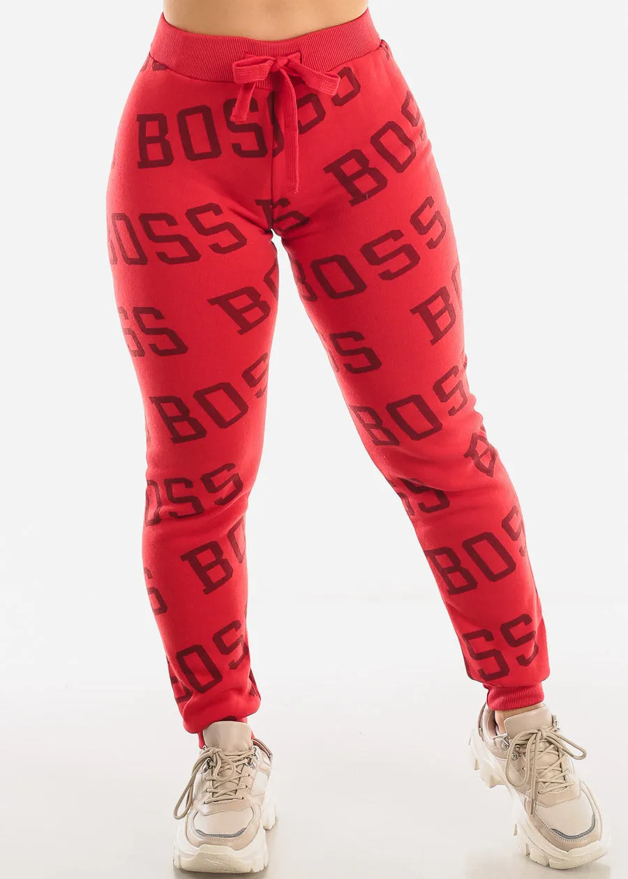 Fleece Drawstring Waist Jogger Sweatpants Red "Boss" sold by Moda