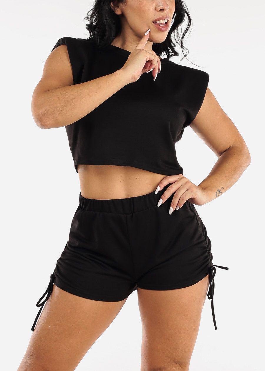 Black Sleeveless Crop Top & High Waisted Shorts (2 PCE SET) sold by Moda
