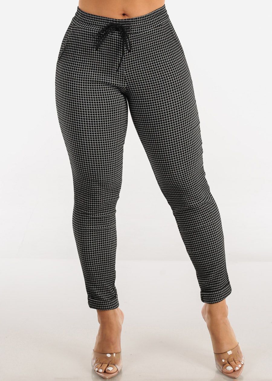 Black Printed Drawstring Waist Ankle Dress Pants sold by Moda