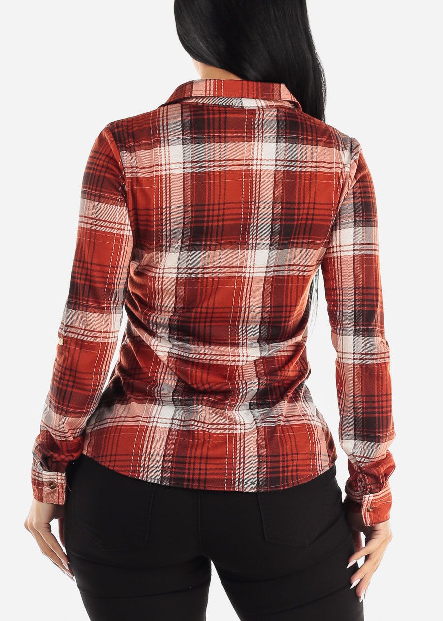 Long Sleeve Button Up Plaid Shirt Rust & Ivory sold by Moda product image thumbnail 4