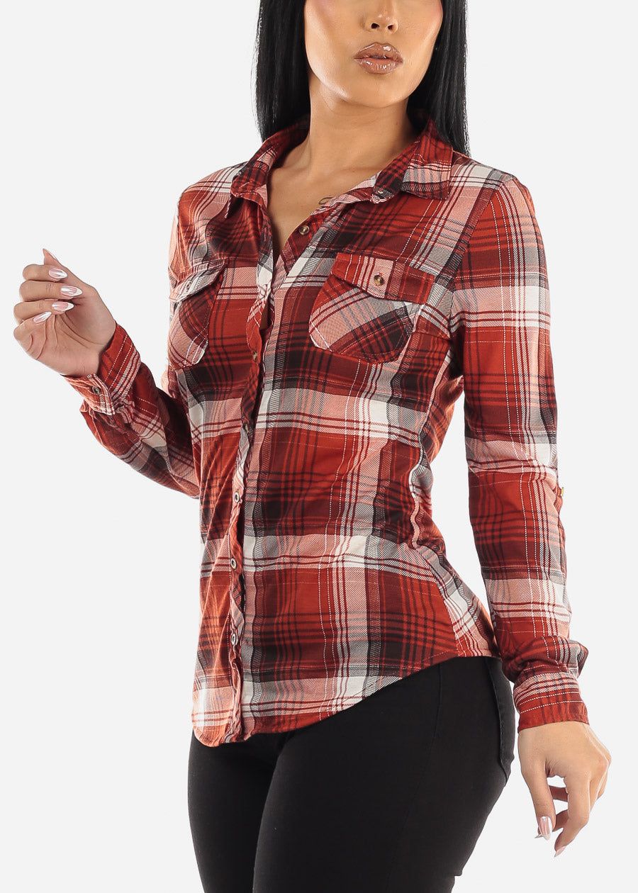 Long Sleeve Button Up Plaid Shirt Rust & Ivory sold by Moda