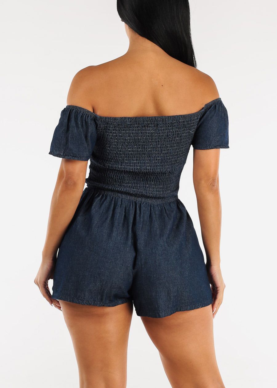 Off Shoulder Smocked Denim Romper Dark Blue sold by Moda product image thumbnail 4