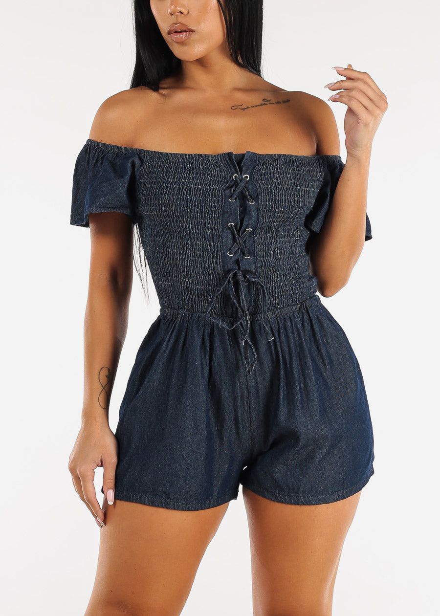 Off Shoulder Smocked Denim Romper Dark Blue sold by Moda