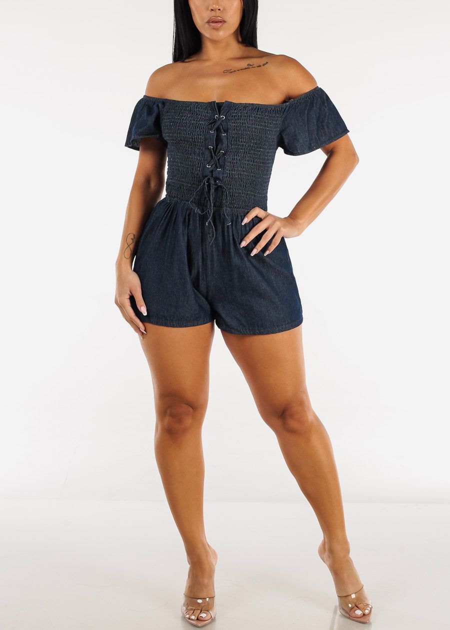 Off Shoulder Smocked Denim Romper Dark Blue sold by Moda product image thumbnail 2