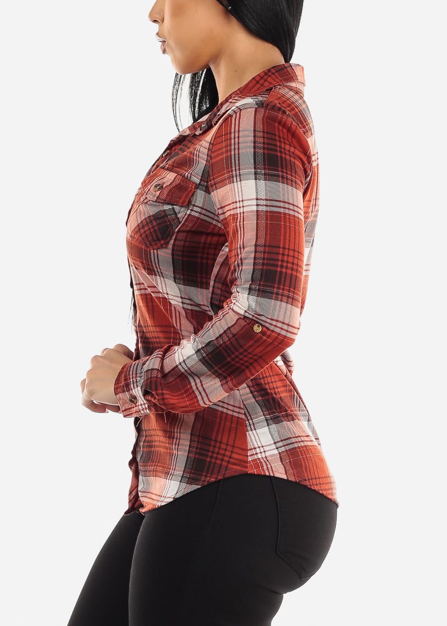 Long Sleeve Button Up Plaid Shirt Rust & Ivory sold by Moda product image thumbnail 3