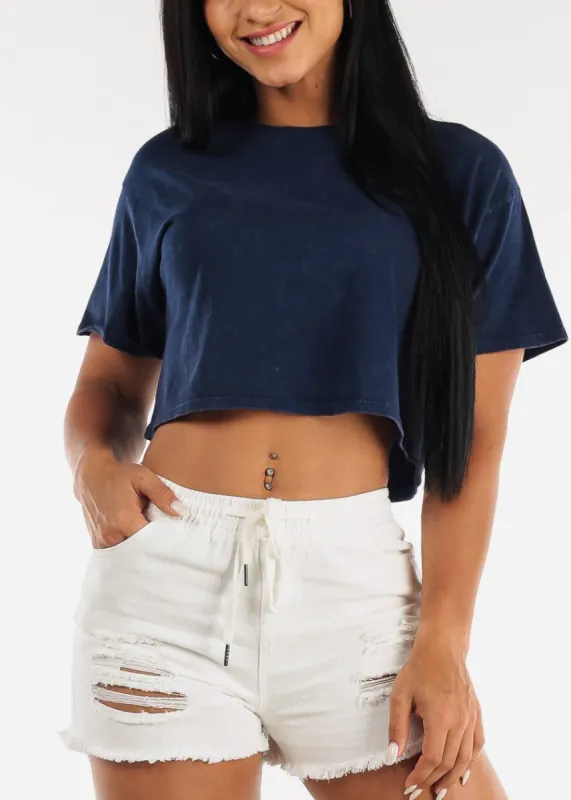 Navy Short Sleeve Cotton Cropped Tee sold by Moda