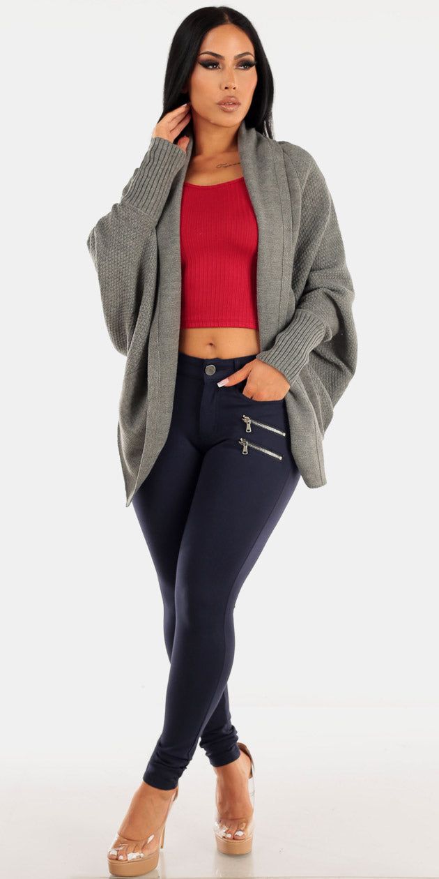 Navy Mid Rise Skinny Pants Red Long Sleeve Ribbed Crop Top and Grey Long Sleeve Knit Cardigan sold by Moda