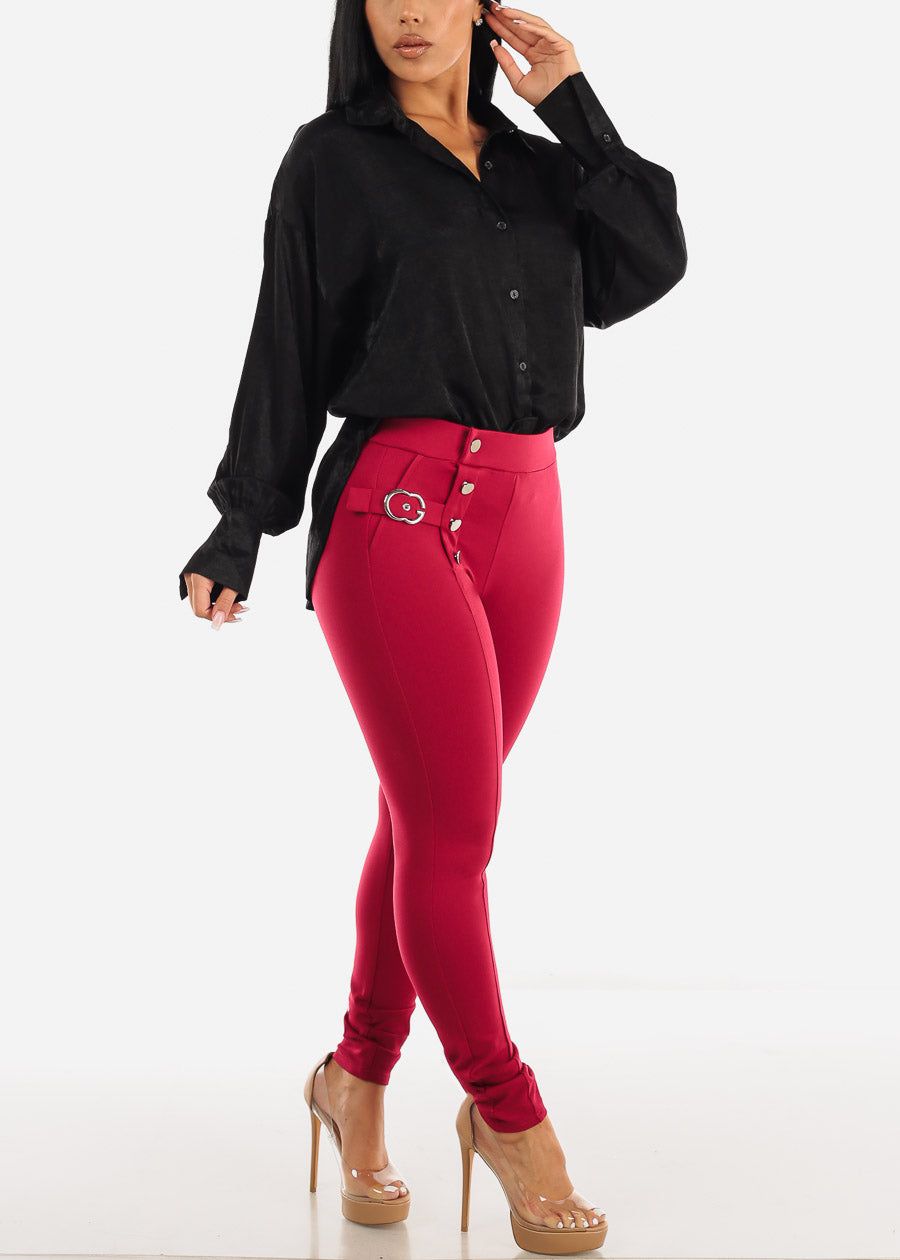 High Waisted Red Dressy Skinny Pants w Button Detail sold by Moda product image thumbnail 2