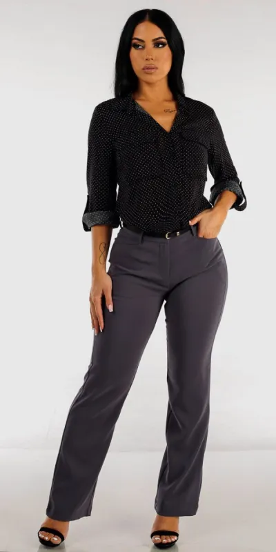 Charcoal Bootcut Dress Pants with Black Polka Dot Collared Blouse sold by Moda