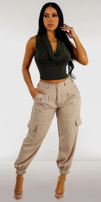 High Waisted Taupe Cargo Jogger Pants with Olive Drape Cowl Neck Top sold by Moda