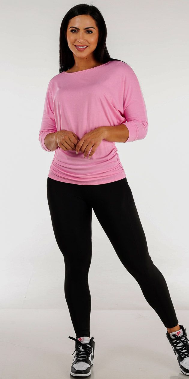 High Waisted Black Activewear Leggings with Pink Dolman Sleeves Tunic Top sold by Moda