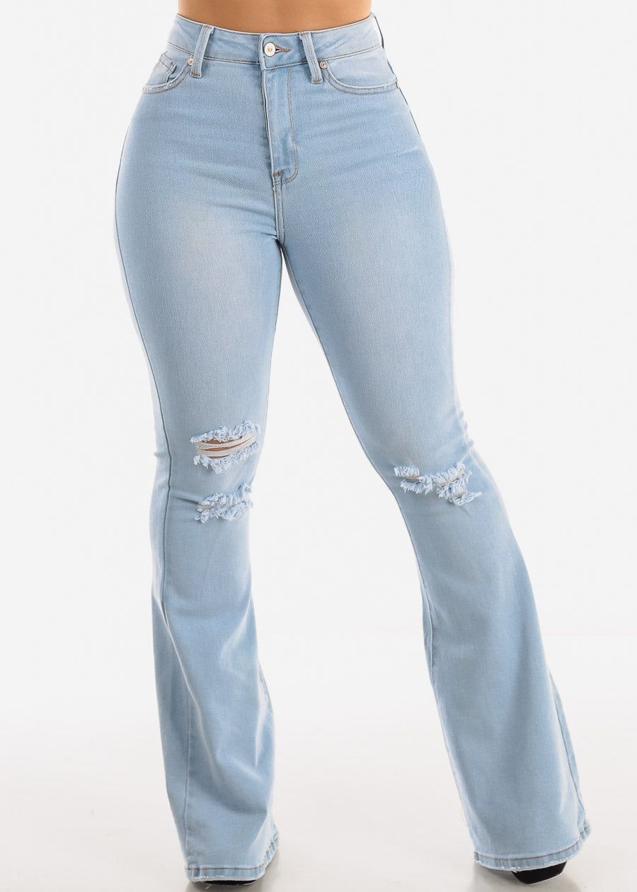 Ripped Light Blue High Waisted Flared Bell Bottom Jeans sold by Moda