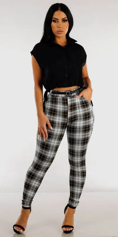 Butt Lifting Plaid High Waist Skinny Pants with Black Button Up Cropped Shirt sold by Moda