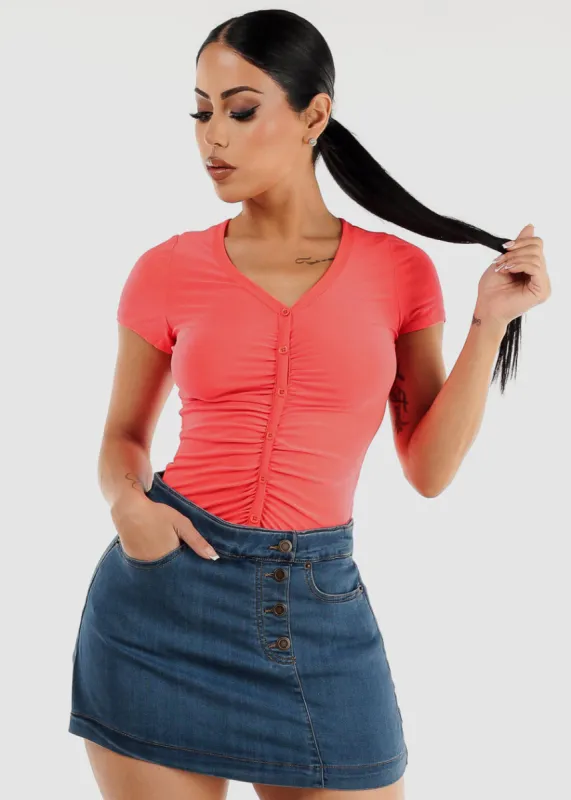 Vneck Button Up Ruched Top Neon Orange sold by Moda