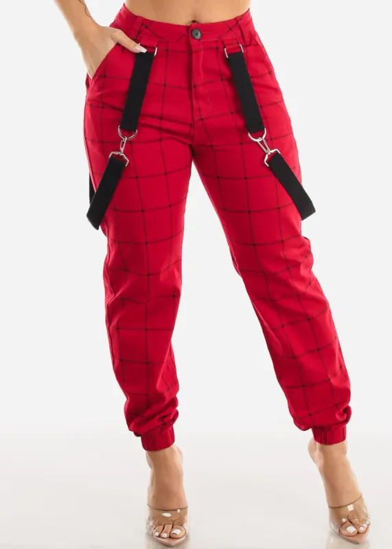 High Waisted Red Plaid Jogger Pants w Straps sold by Moda