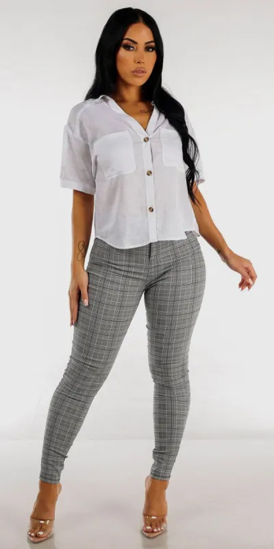 High Waisted Grey Skinny Pants with White Linen Short Sleeve Collared Top sold by Moda