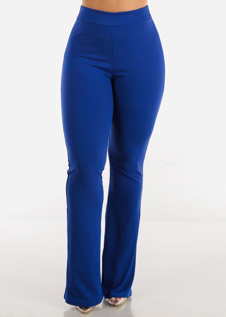 High Waisted Ribbed Wide Legged Pants Royal Blue sold by Moda