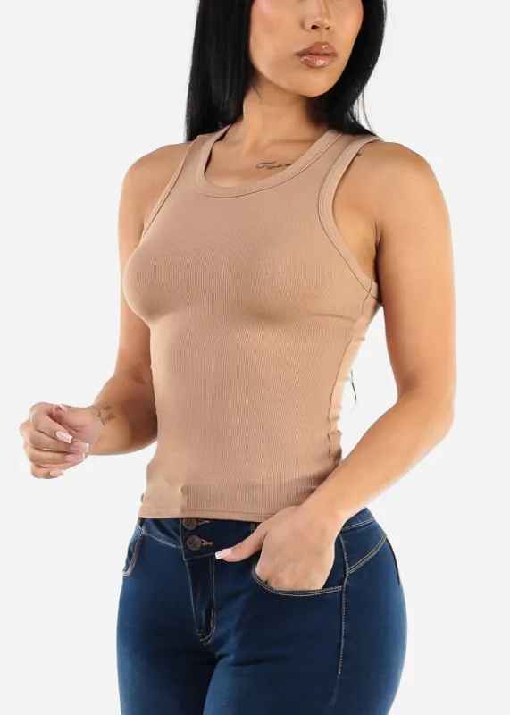 Sleeveless Crewneck Ribbed Crop Top Taupe made by Moda