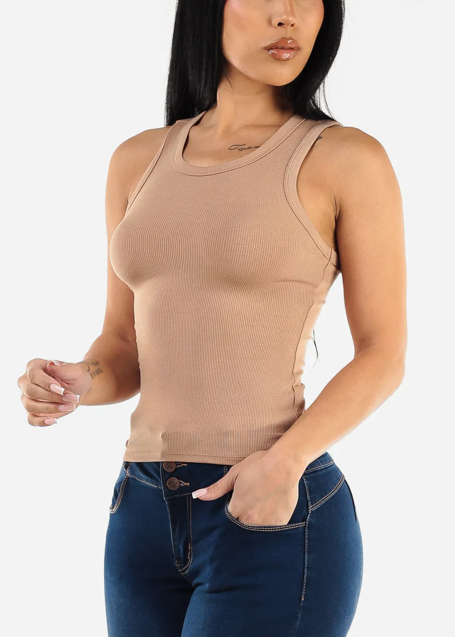 Sleeveless Crewneck Ribbed Crop Top Taupe sold by Moda