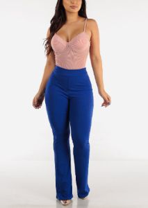 High Waisted Ribbed Wide Legged Pants Royal Blue sold by Moda