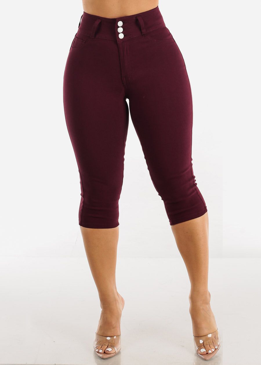 High Waisted Hyper Stretch Butt Lifting Capris Burgundy sold by Moda product image thumbnail 2